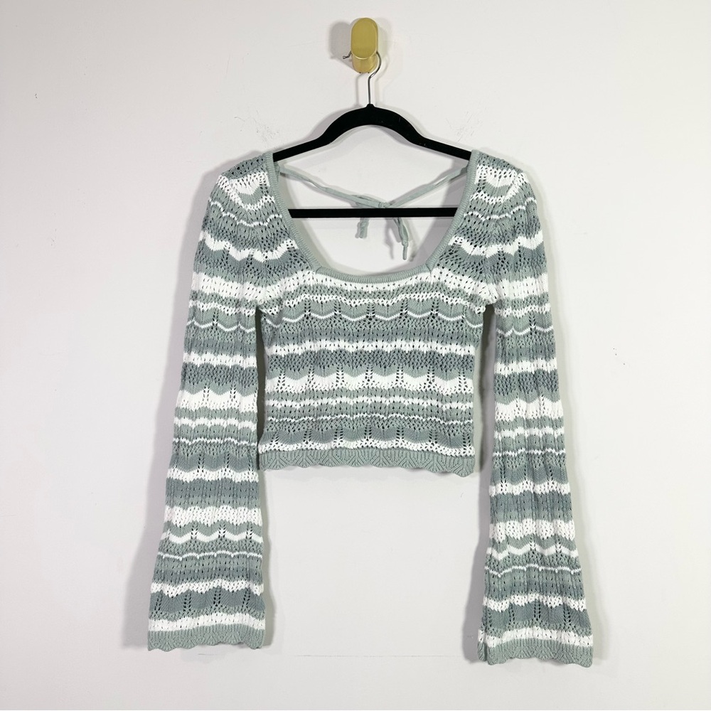 Hollister Green Chevron Open Weave Knit Long Sleeve Scoop Neck Crop Top Sweater